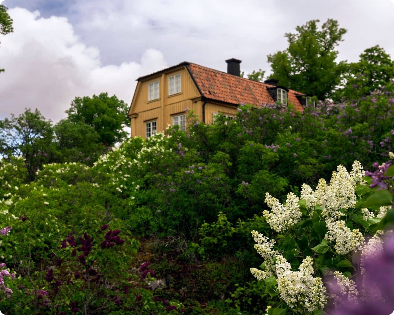 Bilde av oransje hus med stor hage